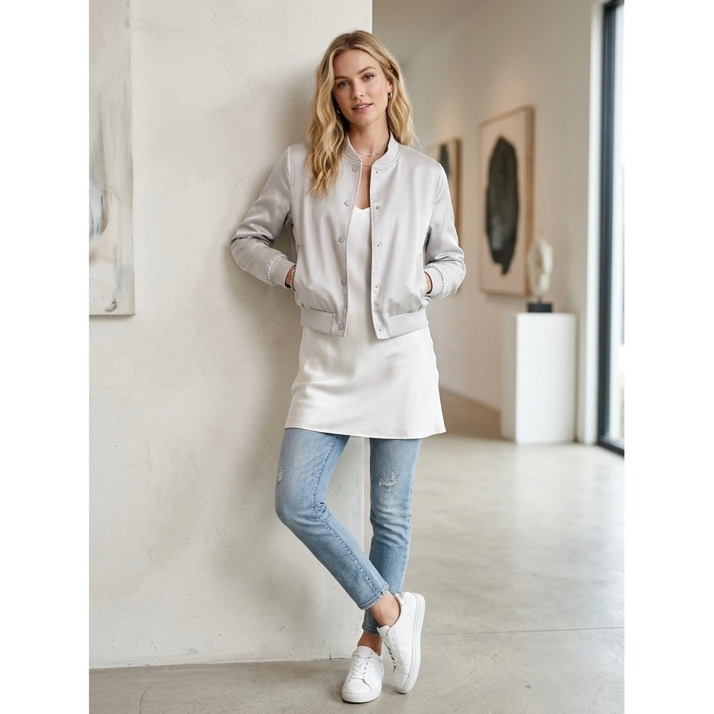 Truth by Republic Womens Satin Bomber Jacket Light Grey Cropped Snap Front S